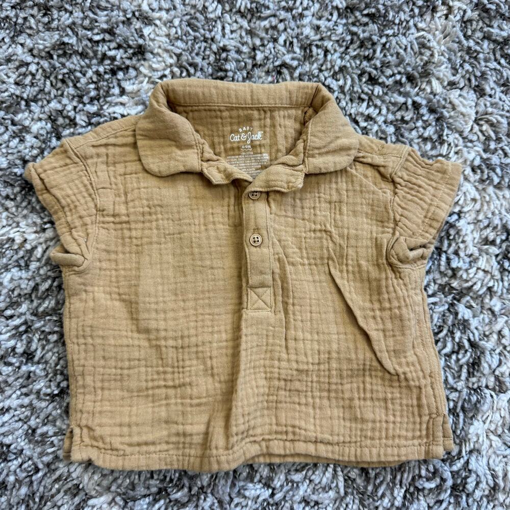 Cat & Jack Muslin Cotton Baby Shirt Henley Button Collar 6-9 Months Camel Brown